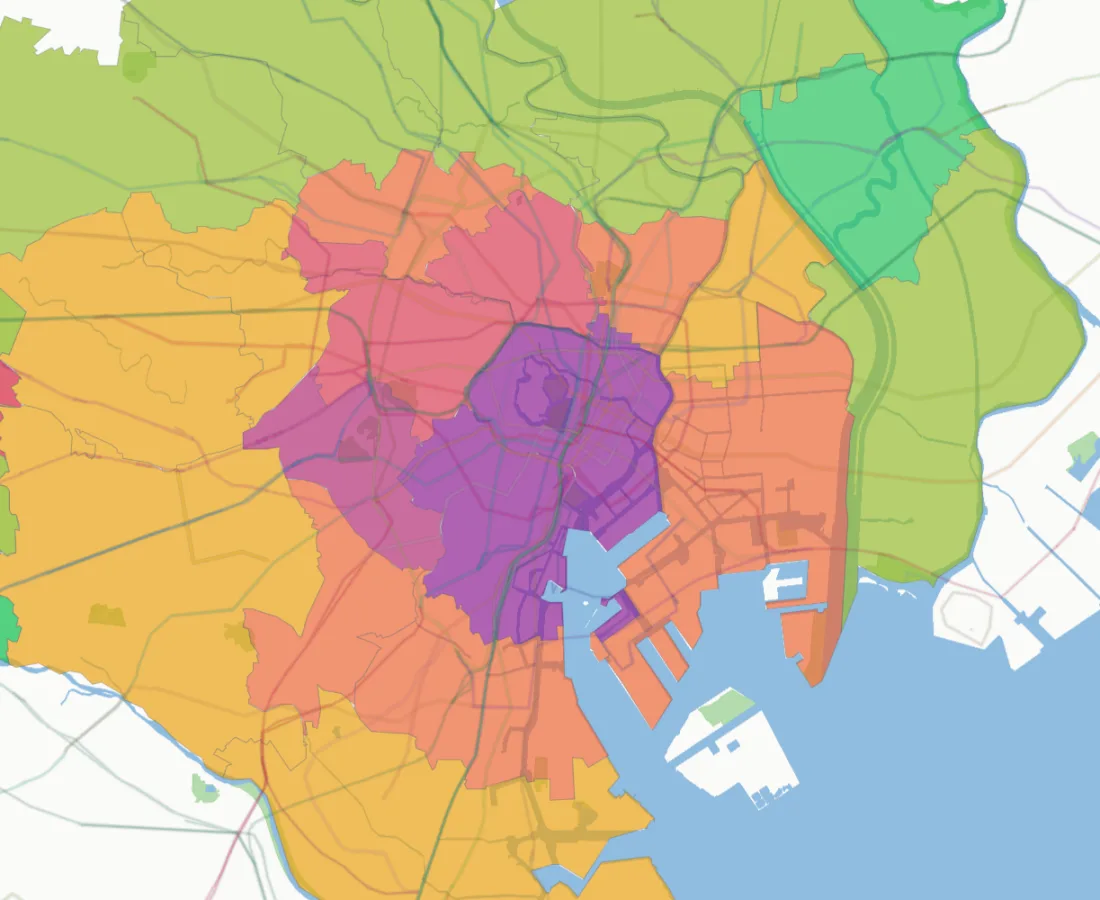 Map of typical advertised 1LDK purchase-price bands across Tokyo's 23 wards