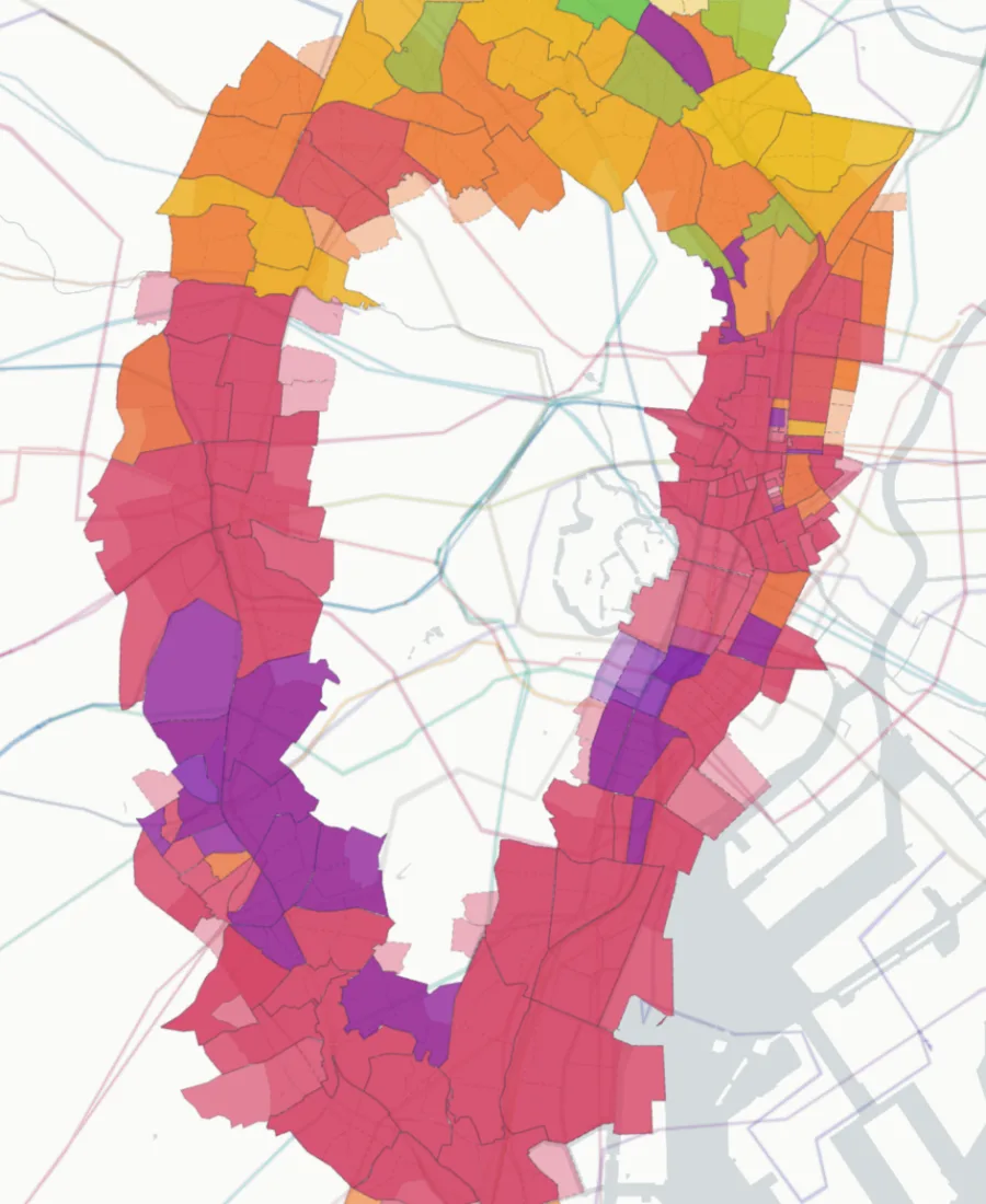 Map showing rent differences in neighbourhoods along the Yamanote Line