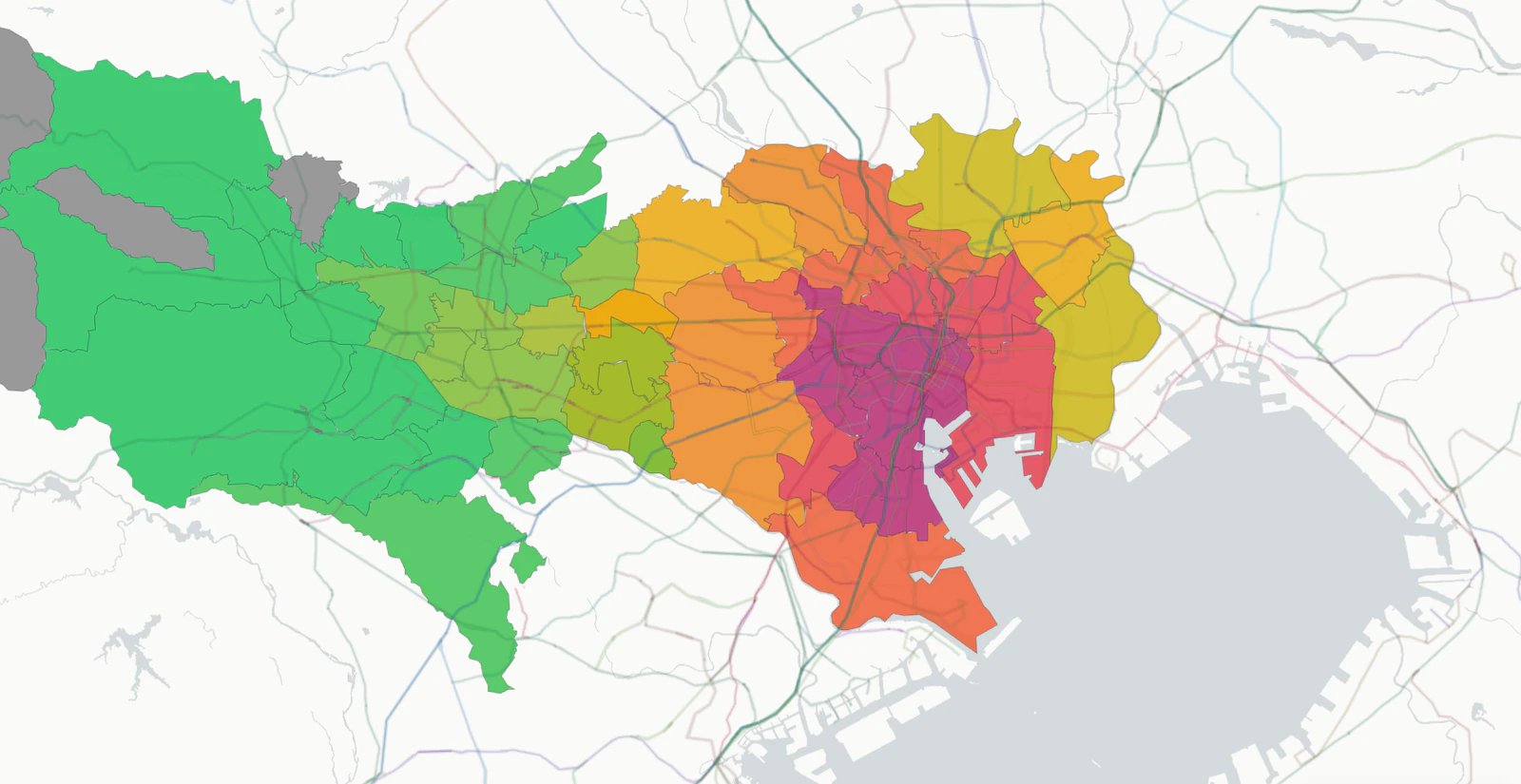 東京の賃料水準を市区単位で緑から赤に色分けした公開マップ