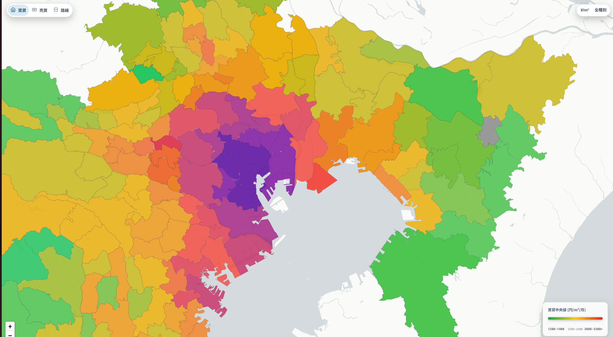 Fudosan Soba public map showing Tokyo rent levels by neighbourhood polygons